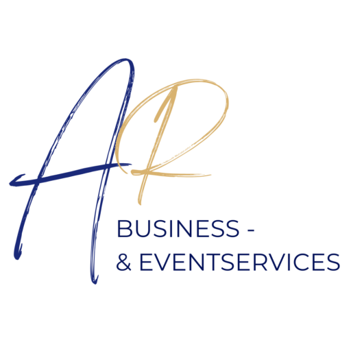 Anna Roilos Logo mit ihren Initialen AR, sowie den Zusatz Business- & Eventservices. Alles in den Corporate Farben